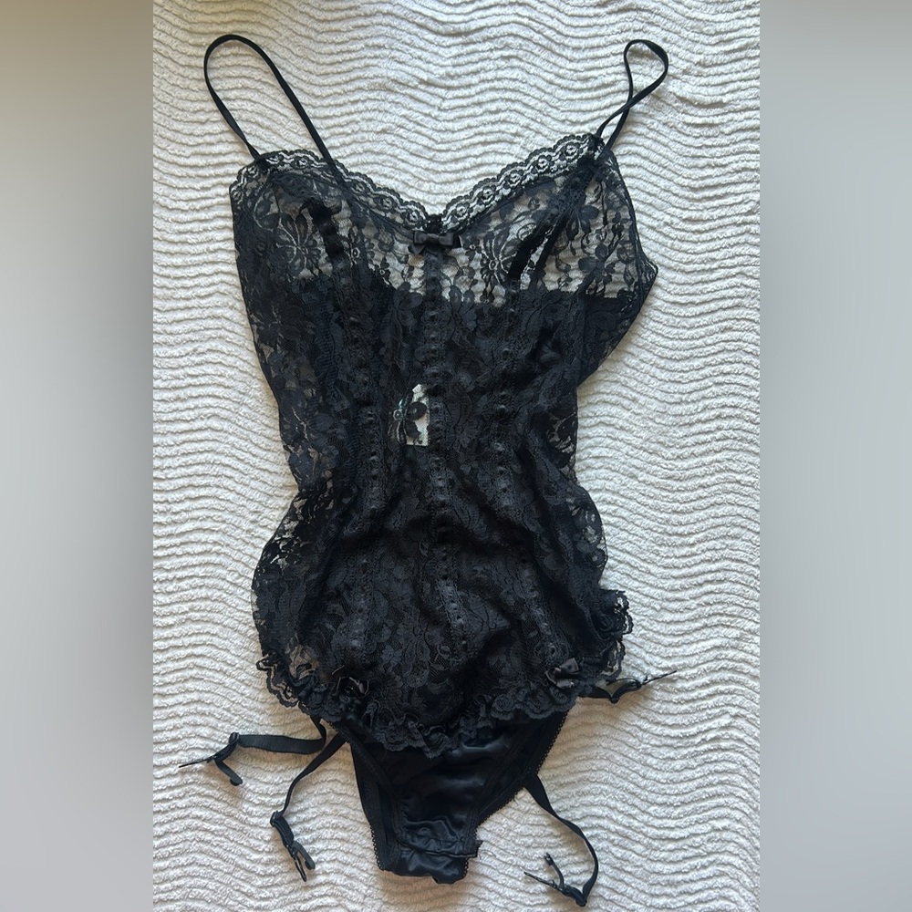 Vintage Black Lace Bodysuit with Garter Detail - Women Intimates